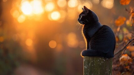 Wall Mural - Black cat sitting on a fence post at sunset