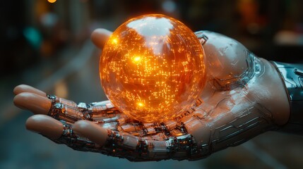 Canvas Print - Robot hand holding glowing sphere of digital data