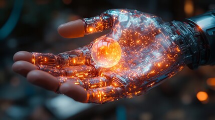 Wall Mural - robotic hand holding bright energy sphere showing innovation