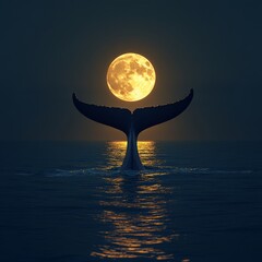 Wall Mural - A whale's tail silhouetted against a full moon over the ocean.