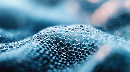 Macro photograph showing water droplets on a mesh fabric, illustrating the intricate details and texture of the material, along with the reflective properties of water.