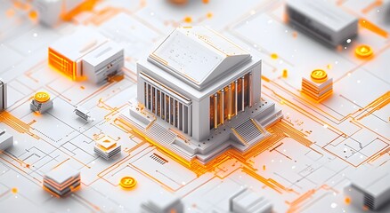 Wall Mural - A futuristic banking interface, bank building on an electronic board with data points and icons, AML compliance concept in digital banking, digital banking interface with secure transaction icons