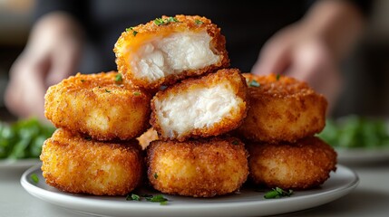 Delicious crispy fried fish sticks stacked on plate