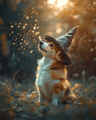 Wall Mural - A whimsical corgi wearing a wizard hat in a magical setting.