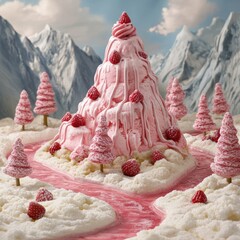 Poster - A whimsical dessert landscape with a pink ice cream mountain.