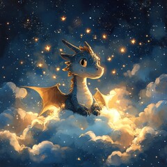 Wall Mural - A whimsical dragon sitting on clouds under a starry sky.