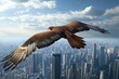 © Herlita - A hawk flying above a cityscape with a blue sky and white clouds