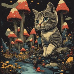 Canvas Print - A whimsical scene featuring a cat among vibrant mushrooms and flowers.