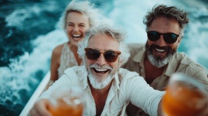 A joyful group of friends enjoying a moment together as they laugh and raise their glasses on a boat, capturing the essence of a carefree outdoor adventure.