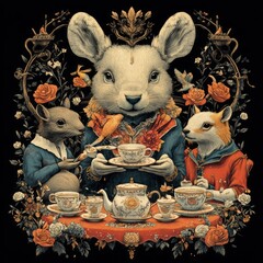 Wall Mural - A whimsical tea party featuring anthropomorphic animals in elegant attire.