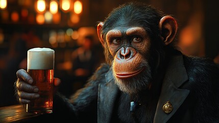 chimpanzee wearing suit drinking beer in pub