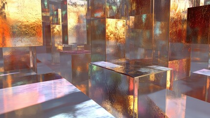 Wall Mural - Floating metallic prisms catching light and creating dynamic reflections.