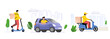 © bioraven - Delivery person travels by car, electric scooter and scooter against backdrop of city. Flat style