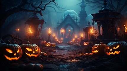 A Halloween scene with a path of pumpkins and a church in the background. Scene is spooky and eerie