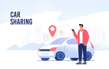 Young man stands with a mobile phone vector. Concept for a car sharing application