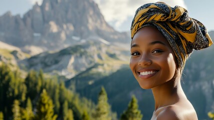 Radiant young woman wearing a head wrap smiling confidently towards the camera, standing outdoors with a beautiful natural background of mountains and trees, showcasing confidence and beauty