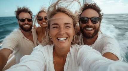 A joyful group of four friends wearing white outfits enjoy a windy day on a boat ride in the ocean, capturing the moment with a cheerful close-up selfie.