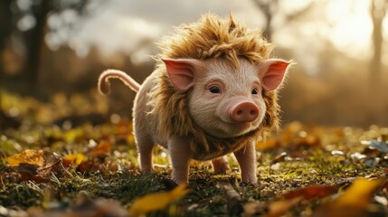 Piglet in lion costume outdoors, hyper-realistic and detailed, playful disguise.