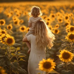 Canvas Print - A woman carrying a child in a sunflower field at sunset.