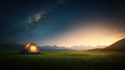 a peaceful night scene with a tent under the milky way, surrounded by nature.