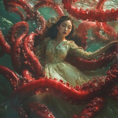 Canvas Print - A woman in a flowing dress surrounded by vibrant octopus tentacles.