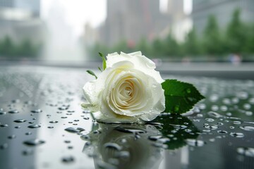 A single white rose sits on a wet surface