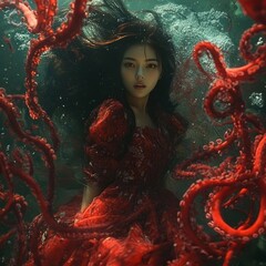 Wall Mural - A woman in a red dress surrounded by swirling red octopuses underwater.