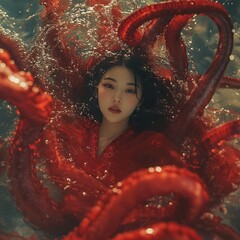 Sticker - A woman submerged in water surrounded by red octopus tentacles.