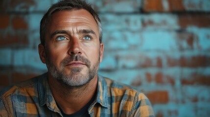 A man with a beard and a blue shirt is looking at the camera