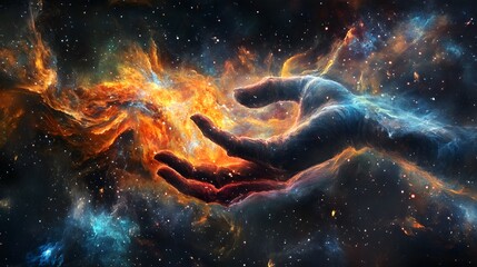 Wall Mural - hand capturing a nebula: a hand gently grasping a swirling, colorful nebula, with tendrils of gas an