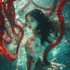 Wall Mural - A woman submerged underwater, surrounded by red tentacles.