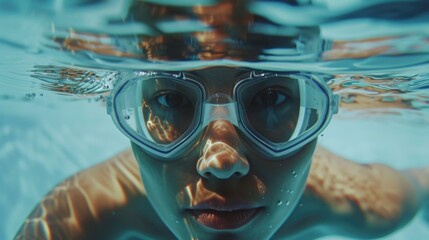 A person swimming laps in an indoor pool with goggles