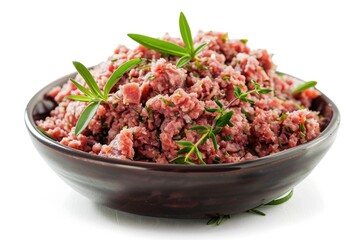 A brown bowl filled with savory meat and fresh herbs