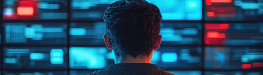 A person viewed from behind, observing a high-tech data display with vibrant colors, symbolizing technology and analysis.