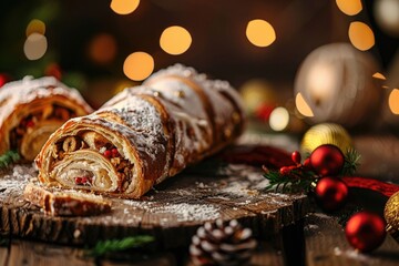 Sticker - A wooden table with a delicious-looking pastry covered in powdered sugar, perfect for a bakery or cafe setting