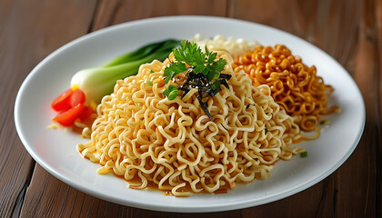 Delicious noodles on a white plate.