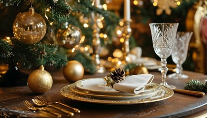 Lavish Christmas banquet setup with elegant dining table, crystal glassware, golden decor, and a festive tree in a luxurious restaurant setting