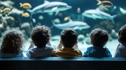 A group of children closely watching dolphins and other marine life swim inside an aquarium, fostering their sense of amazement, curiosity, and learning in an engaging environment.