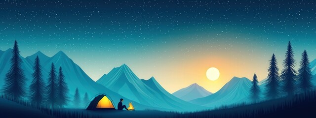 Wall Mural - A couple enjoying a quiet evening by the campfire, with their tent illuminated from within.