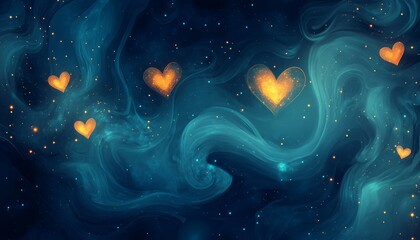 Wall Mural - Abstract cosmic background with glowing hearts and swirling colors.