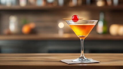 Wall Mural - Classic Manhattan cocktail with a cherry garnish, vintage bar atmosphere