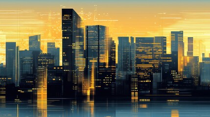 Wall Mural - A city skyline at night with a reflection of the city in the water