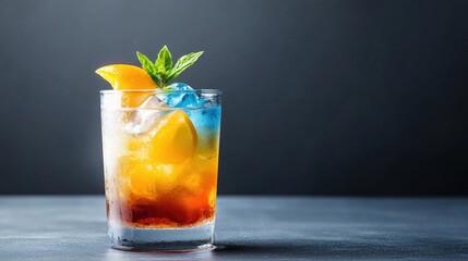 Colorful rainbow cocktail layers in a clear glass, bold hues and high contrast