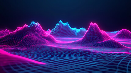 Wall Mural - 3d render, abstract geometric background, virtual reality environment, cyber space landscape with mountains. mesh surface glowing with neon light. Virtual Reality. Illustration