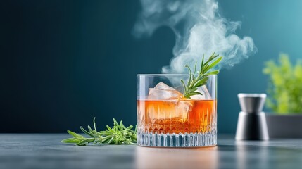 Wall Mural - Craft cocktail in a vintage crystal glass, herbs and smoke rising above