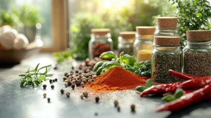 Fresh herbs and spices arranged on a kitchen countertop in natural light