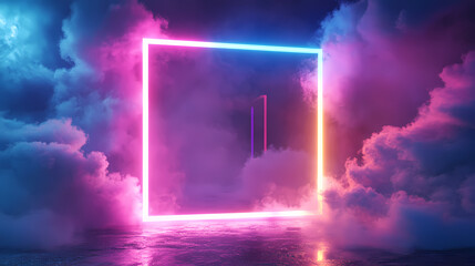 Wall Mural - 3d render, abstract minimal background with pink blue yellow neon light square frame with copy space