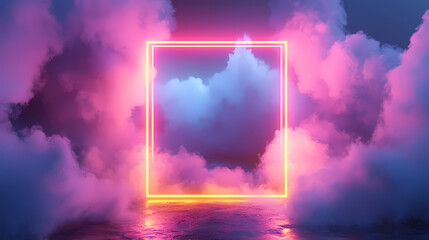 Wall Mural - 3d render, abstract minimal background with pink blue yellow neon light square frame with copy space