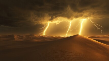Wall Mural - a desert landscape with a storm in the distance. the sky is dark and cloudy, and the lightning is st