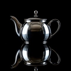 Wall Mural - 86. A shiny silver teapot isolated on a clean black background